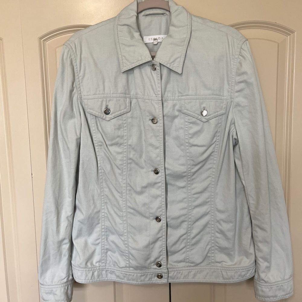 Escada Long Sleeve Cotton Stretch Jacket Logo Buttons Mint Green Women’s Size 42